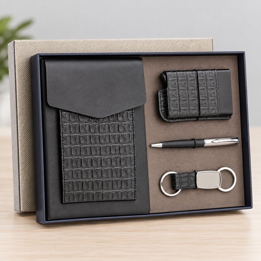ADOLOR Premium Black Executive Gift Set | Notebook, Pen & Keychain