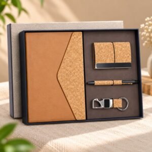 Premium Brown & Cork Executive Gift Set | Notebook, Wallet, Pen & Keychain