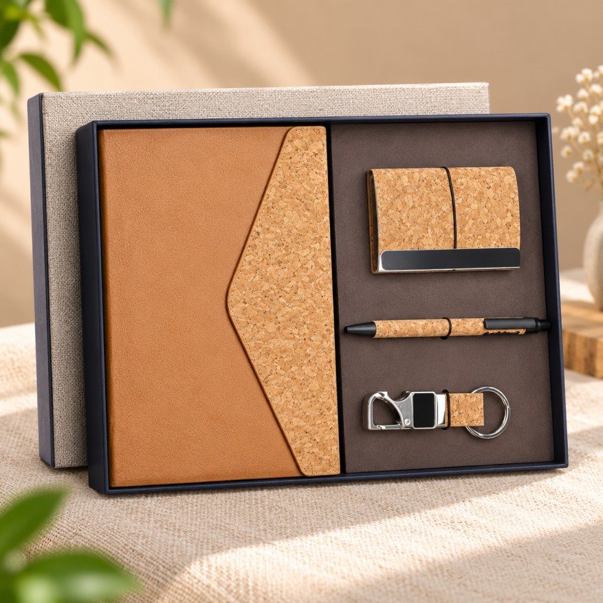 Premium Brown & Cork Executive Gift Set | Notebook, Wallet, Pen & Keychain