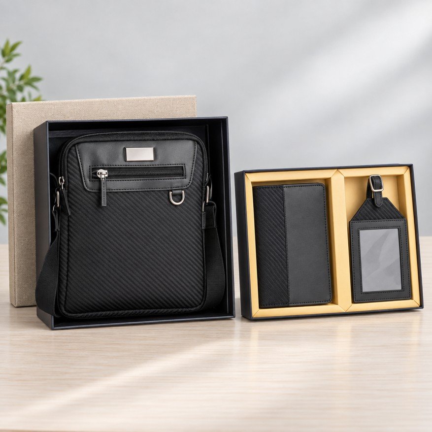 Premium Black Travel Gift Set | Sling Bag, Passport Holder & Luggage Tag