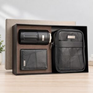 Explorer Kit | Premium Black Leather Travel Gift Set with Sipper, Wallet & Sling Bag