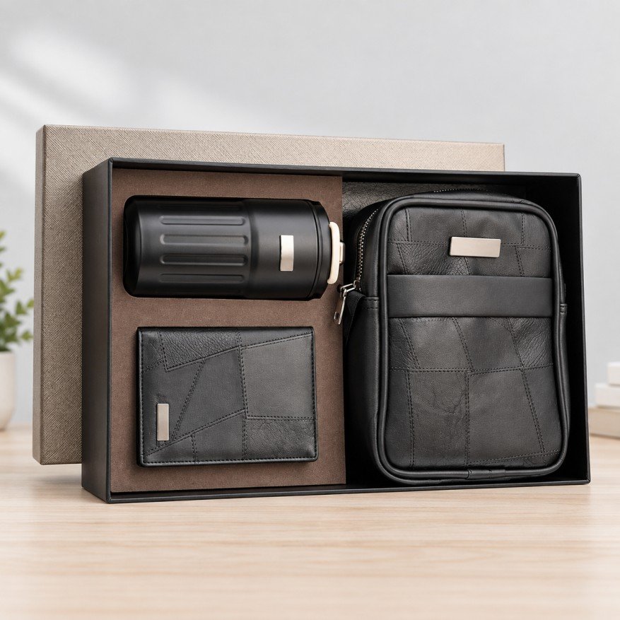 Explorer Kit | Premium Black Leather Travel Gift Set with Sipper, Wallet & Sling Bag