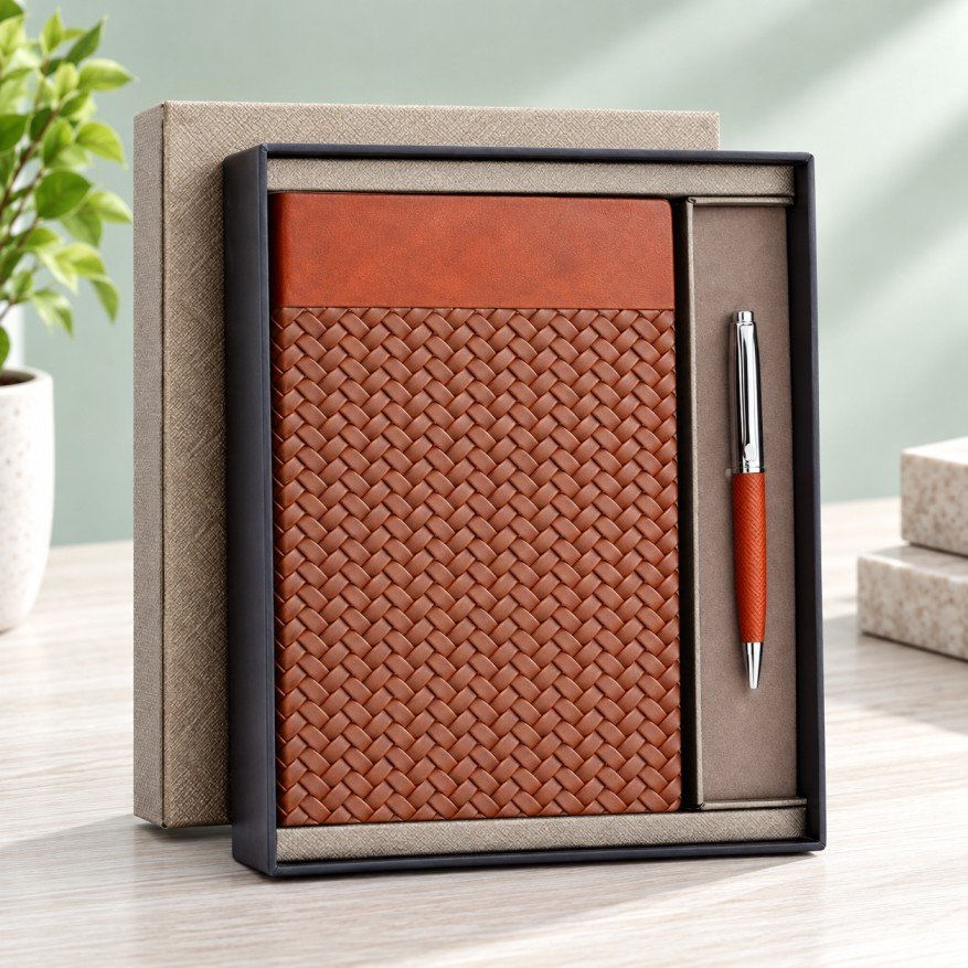 Premium Brown Executive Gift Set | Woven Notebook & Pen