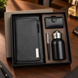 Premium Executive Black Leather Gift Set with Organizer, Card Holder, Pen & Insulated Bottle