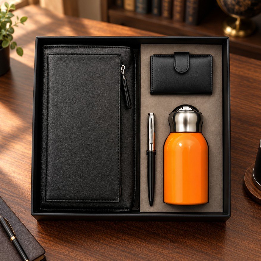 Premium Black Leather Notebook, Wallet & Orange Sipper Corporate Gift Set