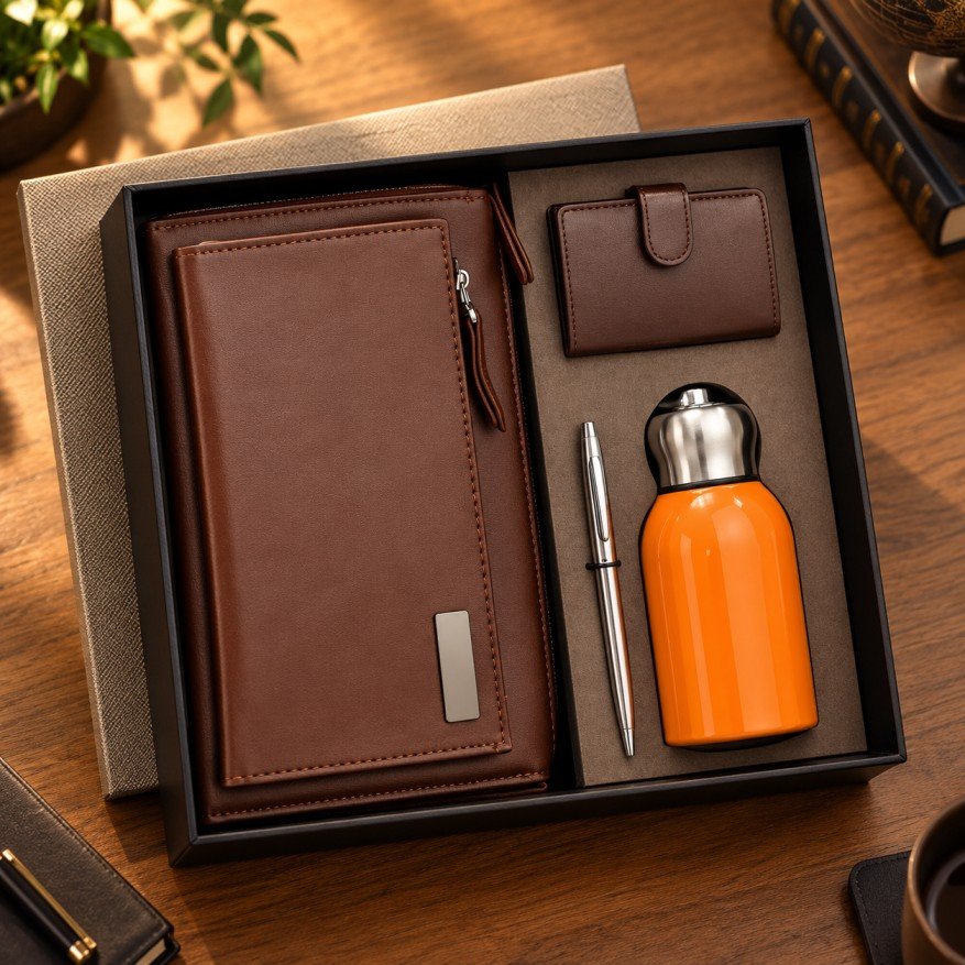 Premium Brown Leather Executive Gift Set with Organizer, Card Holder, Pen & Orange Bottle
